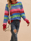 christmas outfit Joskaa Long Sleeves Loose Contrast Color Hollow Striped Round-Neck Pullovers Sweater Tops