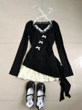 Joskaa Fall Winter Women Y2k Shoujo Girl 2000s Kpop Korean Outfits 2 Piece Set Long Sleeve Tops + Coquette Ballet Core Mini Lace Dress