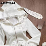 Joskaa Sweet Girl Cute Hooded Ear Set Lace Up Hoodie Jacket Fashionable High Waisted Cake Skirt Spring Autumn Y2k 2 Piece Set