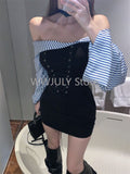 Joskaa Woman  American Style Vintage Off Shoulder Lace Up Sexy Dress New Streetwear Casual Y2k Mini Dress Patchwork Fashion Slim Dress