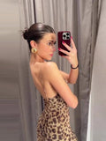 Joskaa Leopard Print Mesh Sling Dress Women Sexy Backless Sleeveless Hip Package Female Dresses 2024 Summer Lady Evening Party Robes