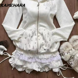 Joskaa Sweet Girl Cute Hooded Ear Set Lace Up Hoodie Jacket Fashionable High Waisted Cake Skirt Spring Autumn Y2k 2 Piece Set