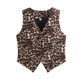 Joskaa Women's Vest 2024 Fashion Leopard Summer V-Neck Single-breasted Vest Top Ladies Casual Cropped Sleeveless Coat New In Vests