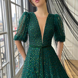 Joskaa Customized Glitter Short Sleeves V Neck robes de soirée A-line Party Dresses Floor-Length Sash Mesh Fabric Prom Dress-(PRE-ORDER)