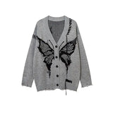 Joskaa Autumn Winter Sweet Spicy Girl Print Knitted Cardigan Jacket Women Y2k Harajuku V Neck Sweater Female 2000s Vintage Loose Tops