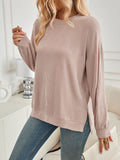 christmas outfit Joskaa High-Low Long Sleeves Pleated Solid Color Split-Joint Split-Side Round-Neck Sweatershirt