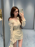 Joskaa 2025 Woman Solid Patchwork Lace Shirt Dress Elegant Long Sleeve Y2k Mini Dress 90s Party Club Korean Fashion Dress Female