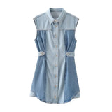 thanksgiving outfit Joskaa 2024 Spring Summer Casual Denim Women Dresses Fashion Vintage Patchwork Turn-down Collar Sashes Sleeveless Mini Dresses