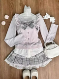 Joskaa Autumn Winter Japanese Sweet Women Outfits Kawaii Retro Brown Off Shoulder Bow Tops + Fluffy Mini Cake Skirt New 2 Piece Sets