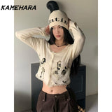 Joskaa Japanese Spring Lace Patchwork Long Sleeved T-shirts Spicy Girl Design Slim Fit and Slimming Printed Tops 민소ë§?í‹?여성 Y2k