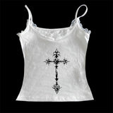 Joskaa Y2K Gothic Grunge Punk Aesthetic Print Lace Camisole Top Fashion Sexy Sleeveless Slim Chic Crop Top 90s Vintage Rock Women's Tee