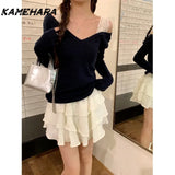 Joskaa Korean Spring Off Shoulder Long Sleeve T-shirt for Women's New Style Lace Splicing Slimming Bottom Shirt Retro Y2K Top