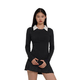 Joskaa Women Korean Preppy Style Mini Black Shirt Dress Fake Two Pieces Long Sleeve One-Piece with Belt 2000s Aesthetic Party Y2k Tide