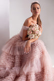 Joskaa Light Pink Ball Gown Evening Dress Sweet Tulle Sweep Train Prom Dress 2025 Off Shoulder Party Dress  فساتين مناسبة رسمية-(PRE-ORDER)