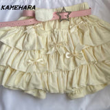 Joskaa Y2K Sweet Ruffles Mini Skirts Kawaii Lolita Bow A Line Skirts Harajuku Japanese High Waist Pink White Ball Gown Skirt