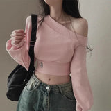 cold weather outfits Joskaa 2024 Autumn Winter Women Irregular Off Shoulder Hoodies Long Sleeve Sexy Crop Top Streetwear Pullovers Sweatshirt