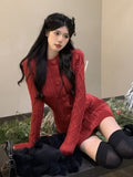 Joskaa 2025 Autumn Winter Red Warm Knitted Sweater Dress Slim Korean Fashion Y2k Mini Dress Woman Casual Short Party Dress Outwear