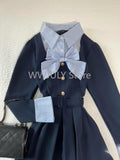 Joskaa New Vintage Blue Stripe Patchwork Elegant Long Sleeve Mini Dress Women College Style Button Pleated Short Dress Fashion Trend