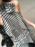 Joskaa Summer Y2k Aesthetics Halter Dress Japanese 2000s Style Grey Striped Short Dress Vintage Harajuku Backless Mini Dress Grunge