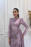 Joskaa Modest Long Sleeve فساتين سهرة Luxurious Purple Satin Vestidos De Fiesta Sequins Elegant High Neck Porm Dresses 2024-(PRE-ORDER)