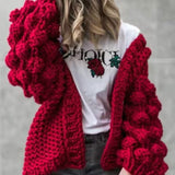 christmas outfit Joskaa Chic Coarse Crochet Cardigan 3D Floral Hook Sweater Hand Knitted Coat V-Neck Rough Wool Lantern Sleeved Loose Jacket Tops 2025