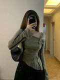 Joskaa Sweet Preppy Style Sweater Gyaru Slash Neck Knitted Pullover Loose Y2K Korean Fashion Casual Jumper Lace Up Grunge Autumn Winter