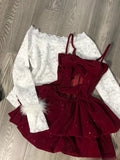 Joskaa Women Rave Birthday 2000s Shoujo Girl Korean Fashion Outfits 3 Piece Set Long Sleeve Lace Tops + Red Velvet Cami Dress + Shorts