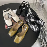 Joskaa Fashion Ladies Elastic Band Flat Heel Women Summer Elegant Ladies Sandals Shallow Party Shoes Square Heel Square Toe