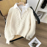 christmas outfit Joskaa 2025 Autumn/Winter Fashion New Women's Korean Commuting Style Elegant Knitted Hoodie Fake Two Piece Collar Retro Sweater Jumper