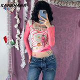 Joskaa Japanese Hotgirl Millennium Hot Girl Y2k Printed Long Sleeve T-shirt Slim Fit Square Neck Mesh See Through Top 민소ë§?í‹?여성