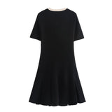 cold weather outfits Joskaa Women's Knitted Mini Dress Crew-Neck Button-Pocket Modification Wide Pleats Design Commuter Chic Little Black Dress New