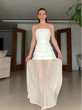 Joskaa Elegant Off Shoulder Patchwork Mesh Hem Dress Chic Pleated Strapless See Through Woman Vestidos Fashion Lady Vocation Party Robe