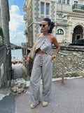 thanksgiving outfit Joskaa Casual Beading 2 Piece Set For Women Halter Sleeveless Shell Crop Top Pants Sets Female 2024 Summer Fashion Beach Lady Outfit