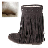 thanksgiving outfit Joskaa Women's 2 Layer Fringe Tassels Flat heel Half knee high Boots fur Shoes Big Size 34-47 Snow Boots Zapotos