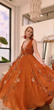 Joskaa BOHO Orange Chiffon Elegant Party Sleeveless V-neck Long Train Evening Dress Floor-Length Flowers vestidos de fiestas-(PRE-ORDER)