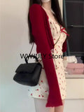 Joskaa Sweet 2 Piece Dress Set Woman Red Long Sleeve Cardigan + Strap Floral Y2k Mini Dress Party Korean Fashion Suit 2025 Autumn Chic