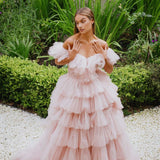 Joskaa Customized Pink Multi-Layered A-line robes de soirée Mesh Fabric Off the Shoulder Party Dresses Backless Prom Dress 2025-(PRE-ORDER)