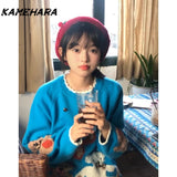 Joskaa Sweet Japanese College Style Cartoon Teddy Bear Jacquard Design Pullover Sweaters Autumn Winter Warm Knit Y2k Pullovers