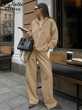 thanksgiving outfit Joskaa Casual Polo 2 Piece Set For Women Lapel Full Sleeve Loose Pullover Elastic Waist Wide Leg Pants Female 2024 Autumn Lady Suits