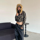 cold weather outfits Joskaa Streetwear Zip Hoodies Camo Embroidered Sequins Y2K Womens Clothes Hip Hop Retro Harajuku Gothic Punk Cropped Hoodies Sweatshirt