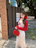 Joskaa 2025 New Sweet Sexy 2 Piece Dress Set Wonan Red Short Cardigan Print Sleeveless Midi Dress Party Korean Fashion Suit Female