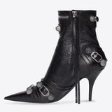 Joskaa 2025 Women's Fashion High-heeled Ankle Boots Fall New Pointed Side Zipper Metal Buckle Buckle Temperament Stiletto