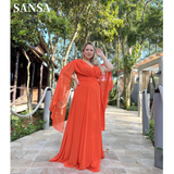 Joskaa Comfy Chiffon Cape Sleeve A-line Prom Dress Elegant Orange Deep V-neck Vestidos De Fiesta فساتين سهرة-(PRE-ORDER)