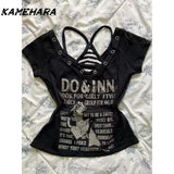 Joskaa E-girl Gothic Grunge Top Millennium Y2K Punk Rock Black Letter T-shirt Top Striped Strap American Design Two Piece Set