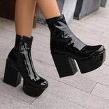 thanksgiving outfit Joskaa Patent Leather Women Ankle Boots Toe Chunky Heels 12cm Platform Hill Size 46 47 48 Sexy Dating Bota