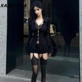 Joskaa Korean Spicy Girl V-neck Hollow Out Long Sleeved T-shirt Fashion Y2k Lace Splicing Slim Fit Sexy Women Tees Corset Top