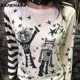 Joskaa Japanese Subculture Millennial Style Y2k Shirt Beige Star Print Striped Patchwork Design Long Sleeve T-shirt Top Female