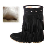 thanksgiving outfit Joskaa Women's 2 Layer Fringe Tassels Flat heel Half knee high Boots fur Shoes Big Size 34-47 Snow Boots Zapotos