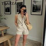 thanksgiving outfit Joskaa 2024 Spring Summer Casual Women Solid Suits Fashion Single Breasted Sleeveless V Neck Vests+Streetwear Chic Shorts