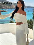 Joskaa Sexy Knit Off Shoulder Top Skirt Set Women Pleated Slash Neck Full Sleeve Tops Elastic Long Skirts 2024 Summer Lady Beach Outfit